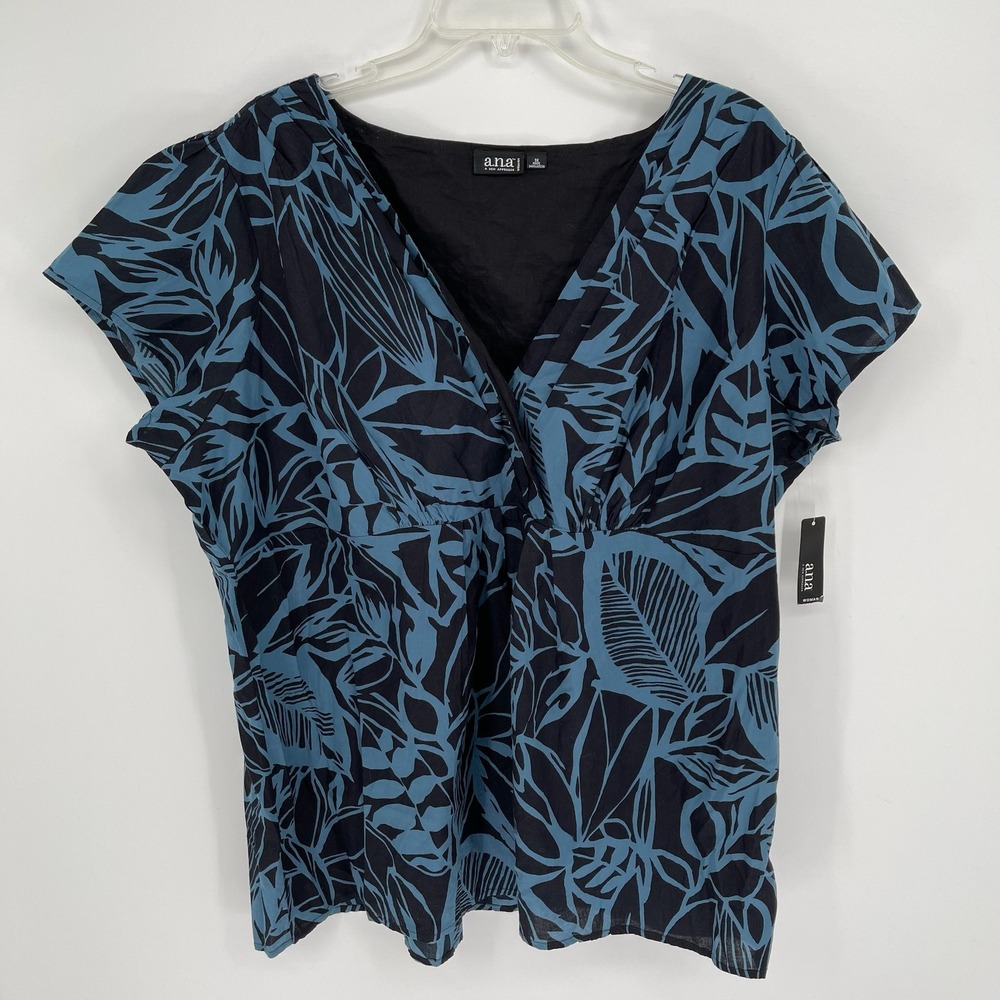 a.n.a NWT Women's Blue Black Floral Leaf Surplice V-Neck Cotton Blouse Size 3X